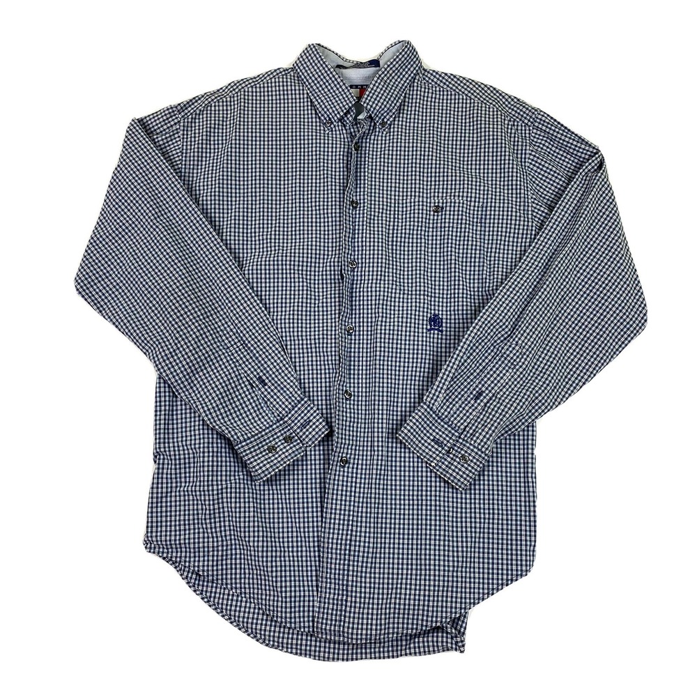 Vintage Tommy Hilfiger Shirt Men XL Blue Plaid 100% Cotton Casual